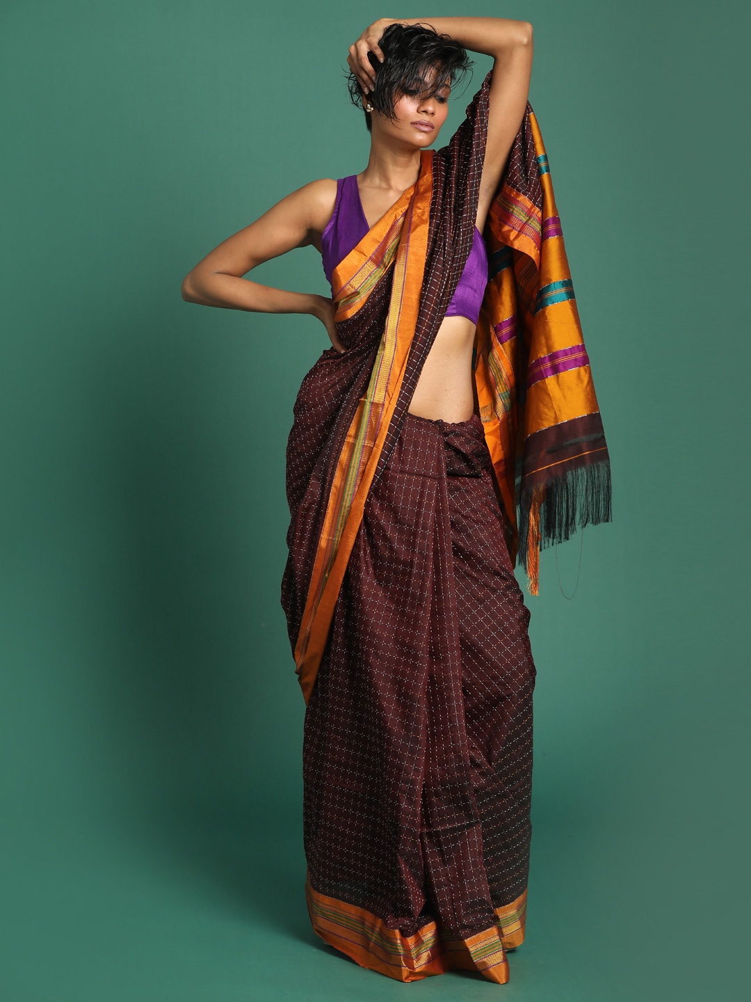 

Indethnic Brown & Orange Checked Zari Venkatgiri Saree