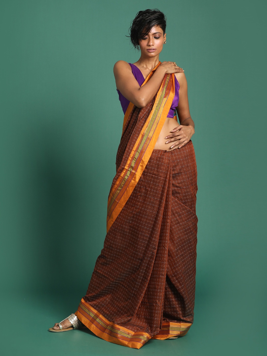 

Saranee Brown & Orange Checked Venkatgiri Saree