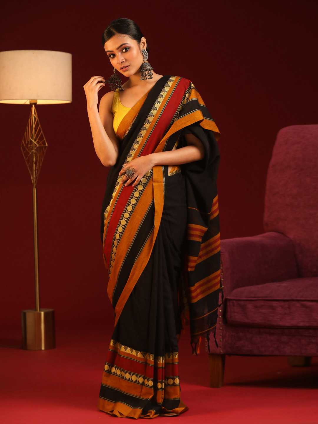 

Indethnic Black & Red Pure Cotton Mangalagiri Saree