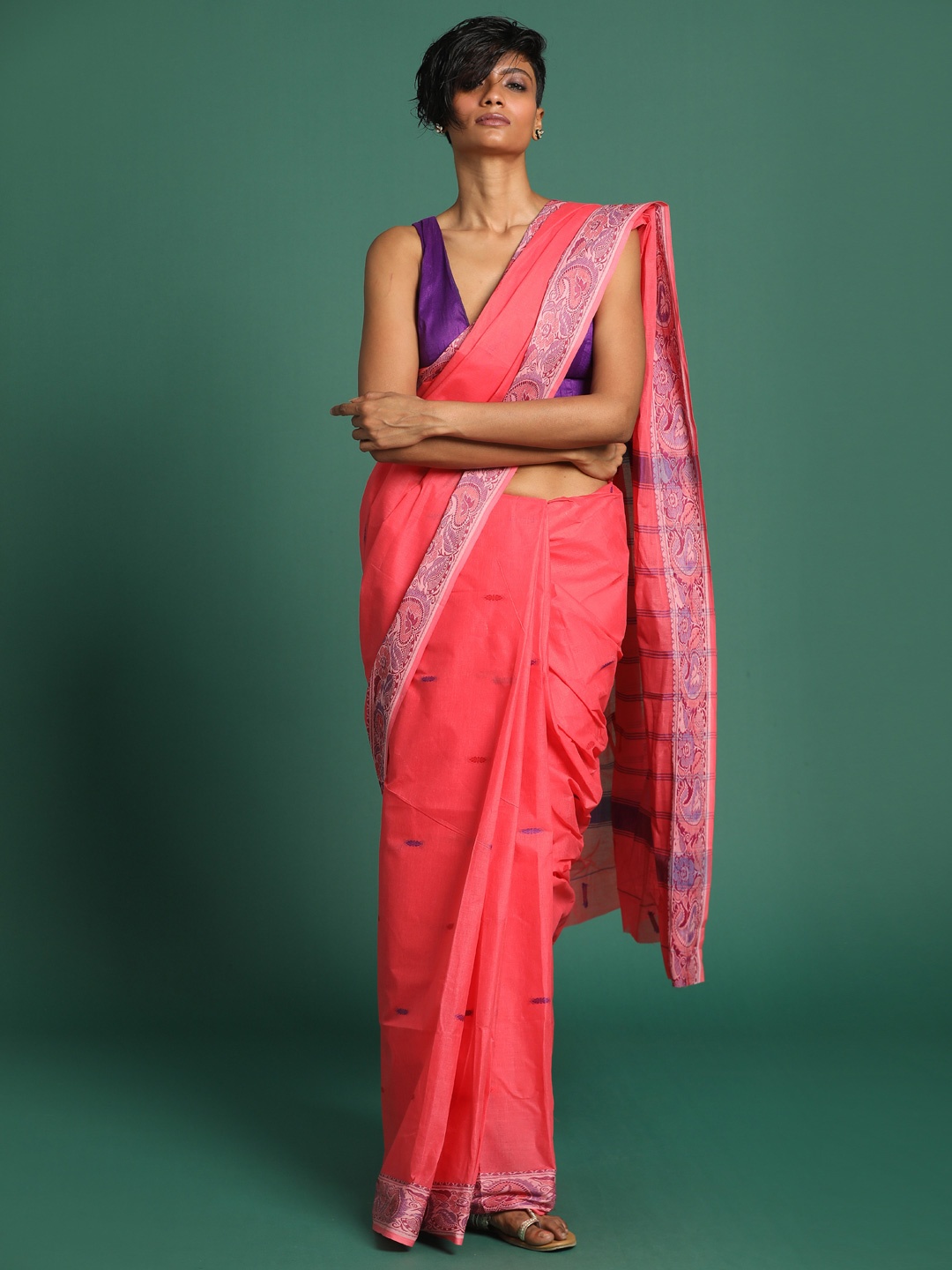 

Indethnic Pink & Purple Woven Pure Cotton Taant Saree