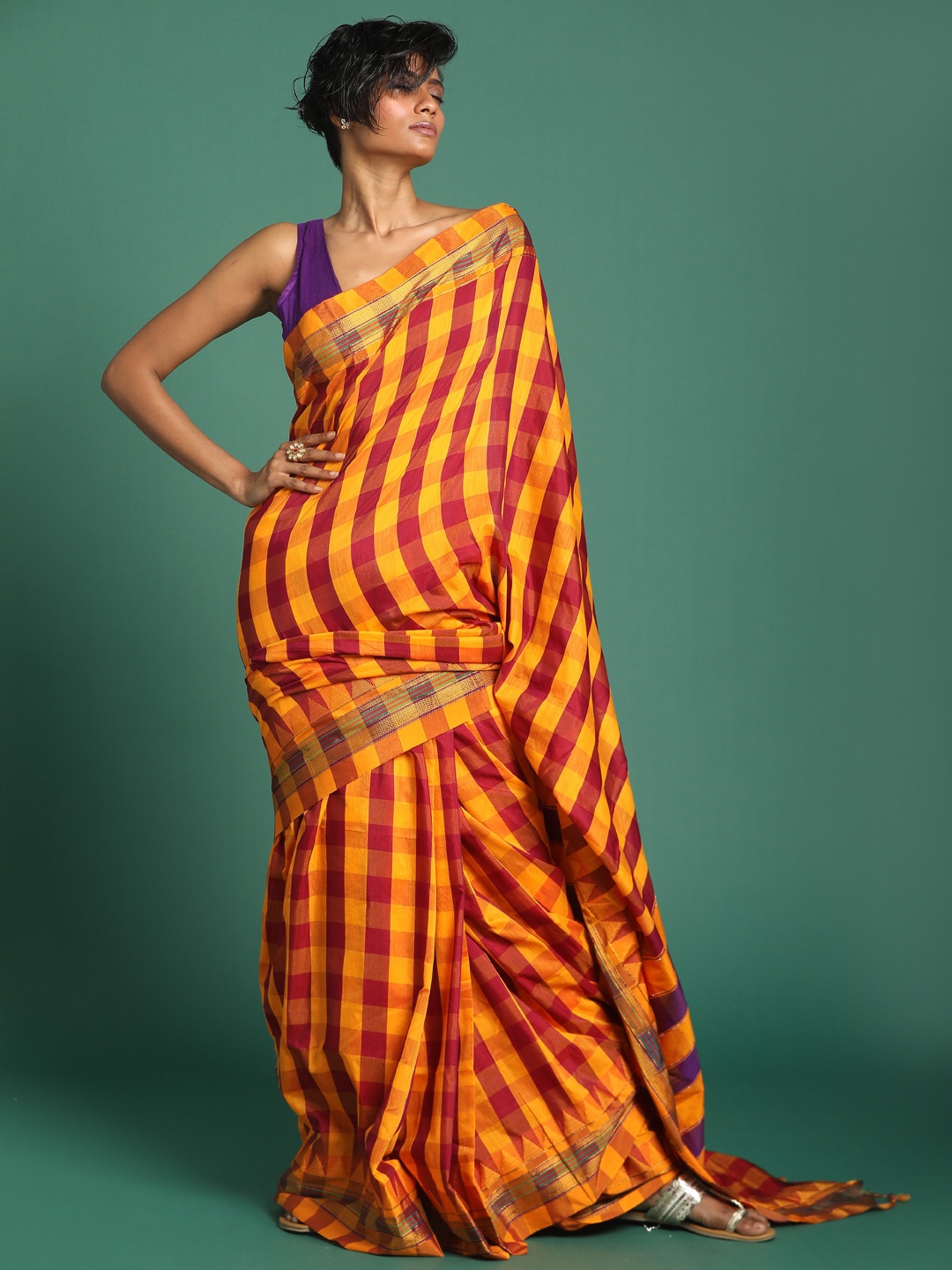

Indethnic Multicoloured & Yellow Checked Venkatgiri Saree, Multi