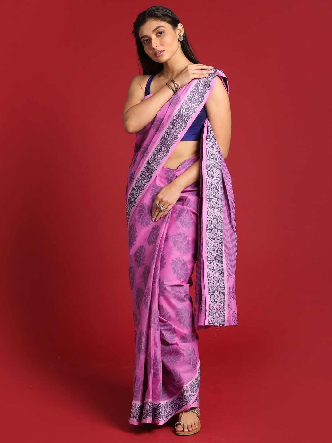 

Indethnic Purple Pure Cotton ethnic printed Taant Saree
