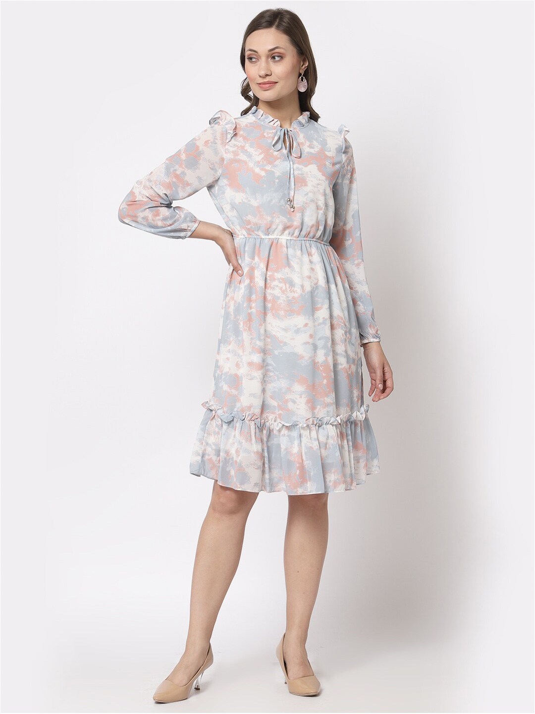 Gipsy Grey & Peach Abstract Printed Tie-Up Neck Shirt Dress