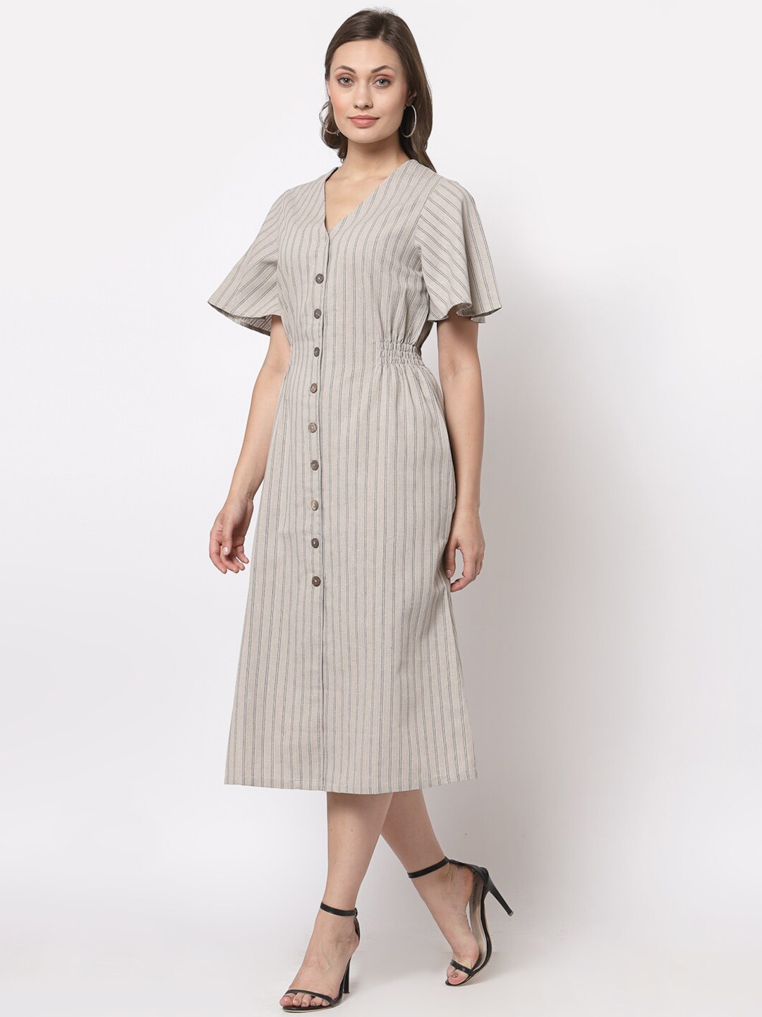 

Gipsy Beige & Black Striped Satin A-Line Midi Dress