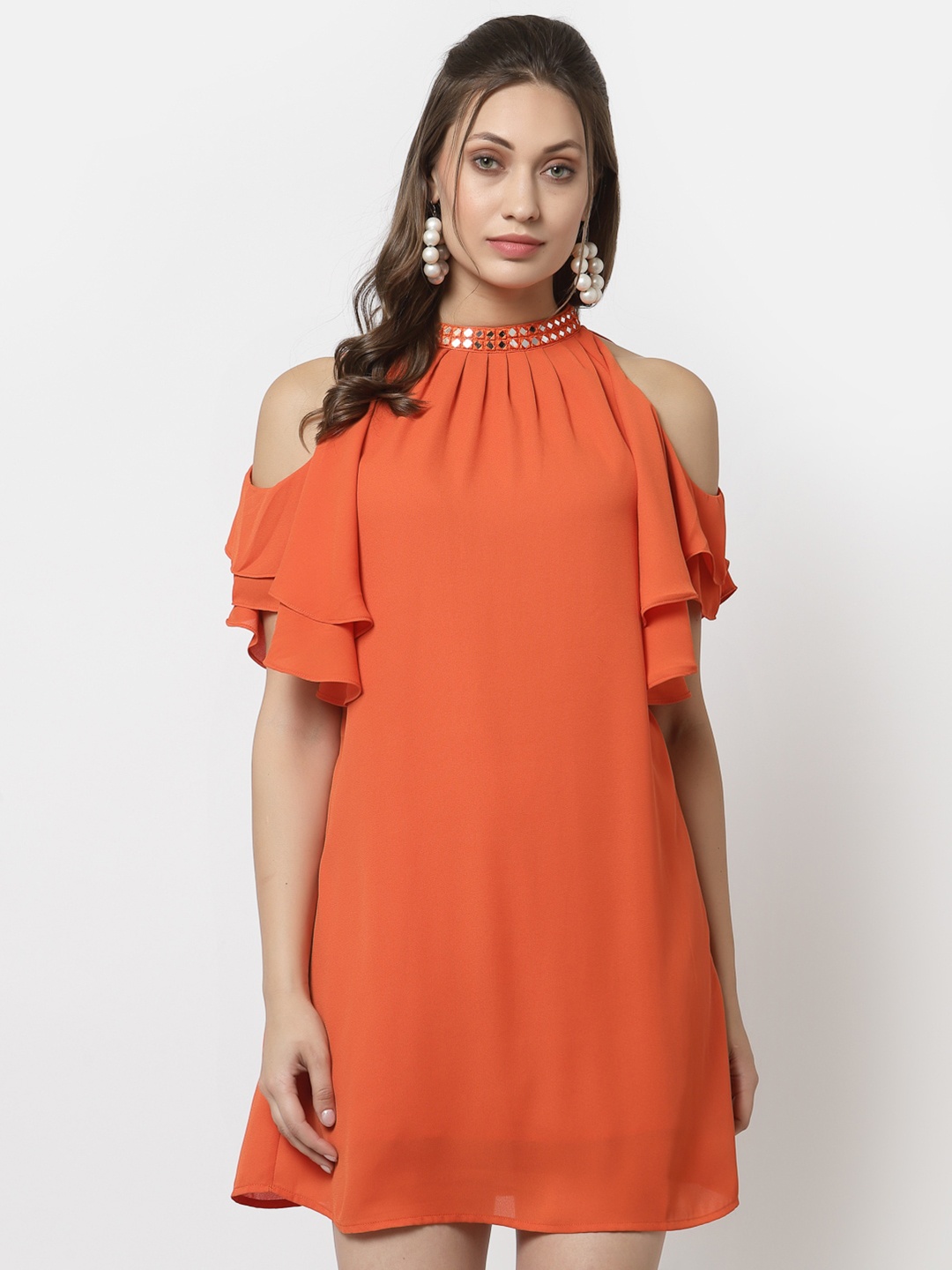 

Gipsy Women Orange Solid Satin A-Line Dress