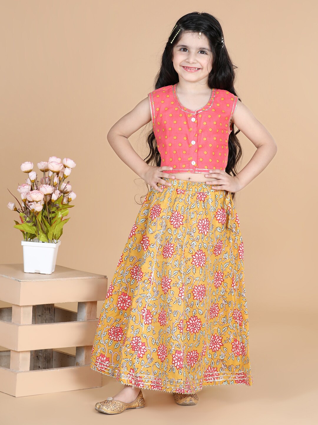 

LIL PITAARA Girls Coral Orange & Yellow Ethnic Printed Cotton Ready to Wear Lehenga