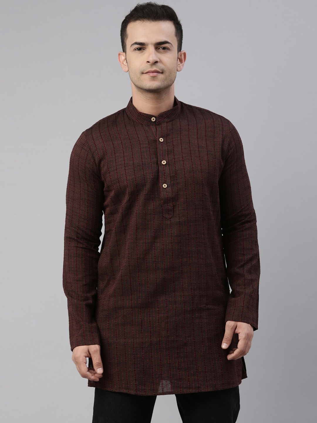 

TATTVA Men Coffee Brown Embroidered Flared Sleeves Thread Work Kurta