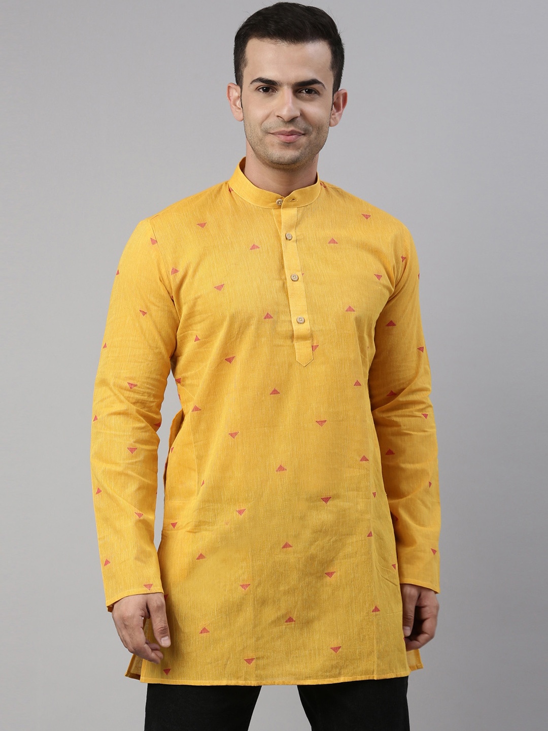 

TATTVA Men Yellow Geometric Yoke Design Flared Sleeves Patchwork Kurta