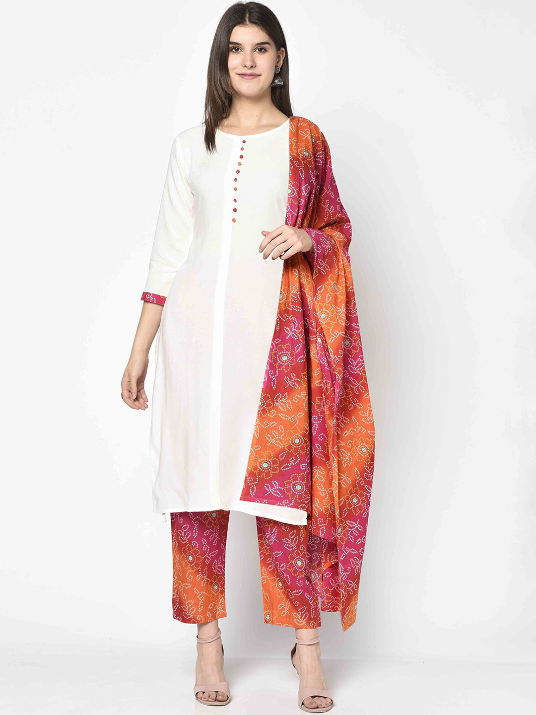 

ERISHA Women White Yoke Design Panelled Kurti with Trousers & With Dupatta