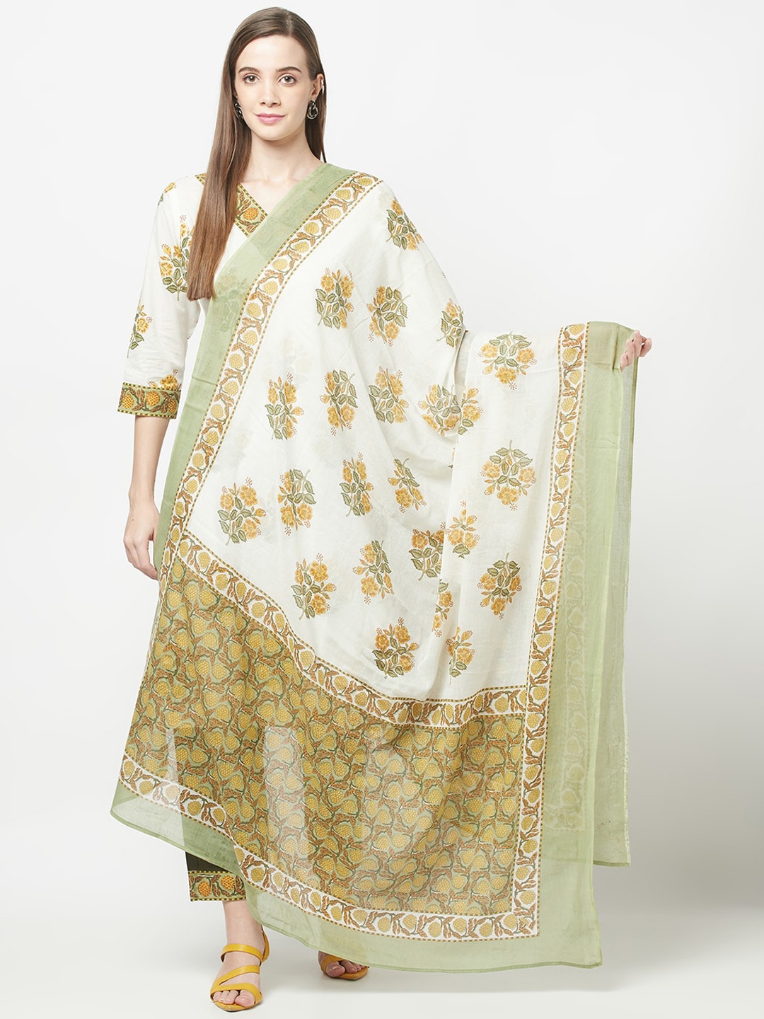 

ERISHA Women Off White Floral Printed Pure Cotton Kurta with Palazzos & With Dupatta