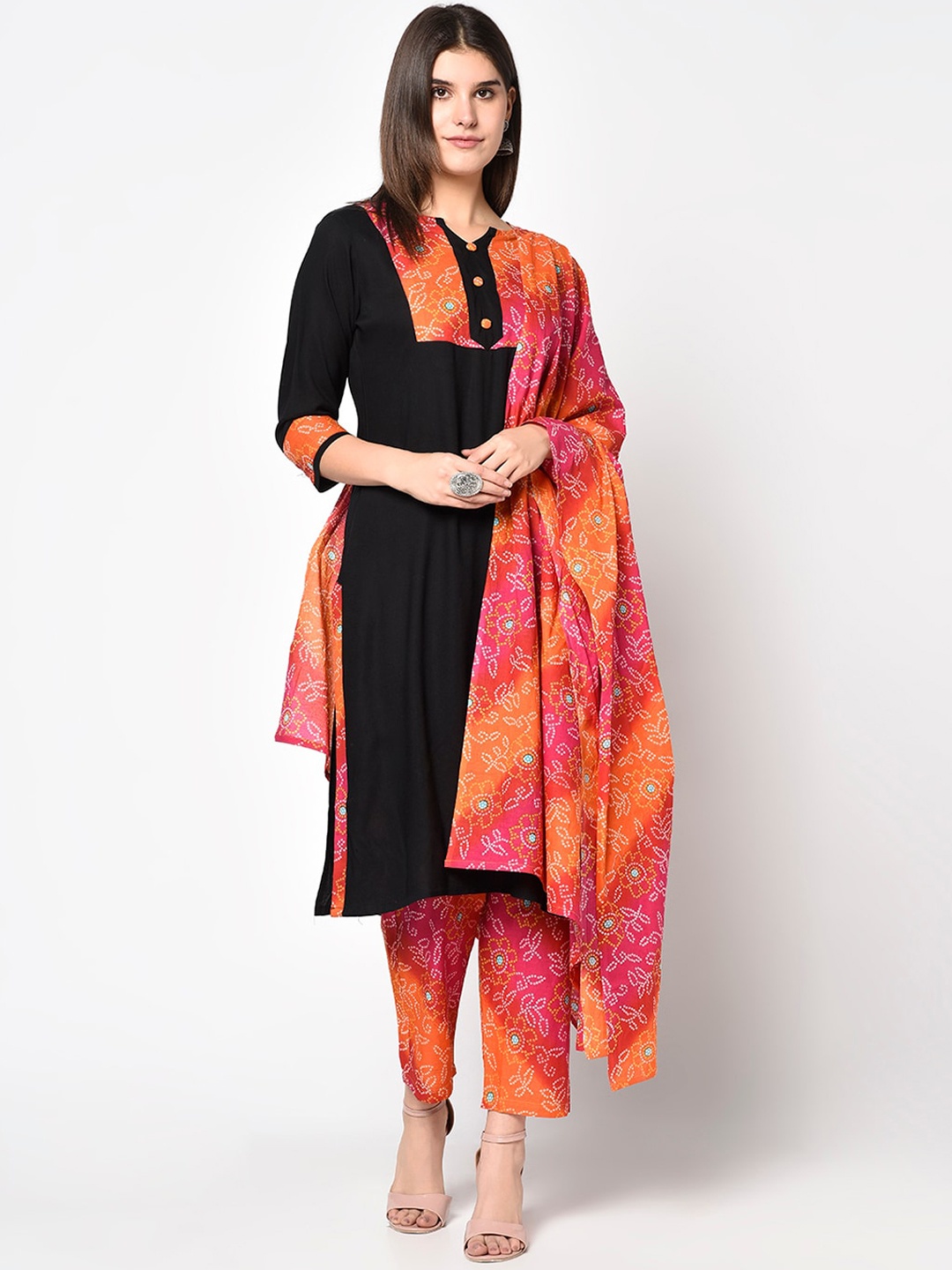 

ERISHA Women Black Yoke Design Panelled Kurta with Trousers & With Dupatta