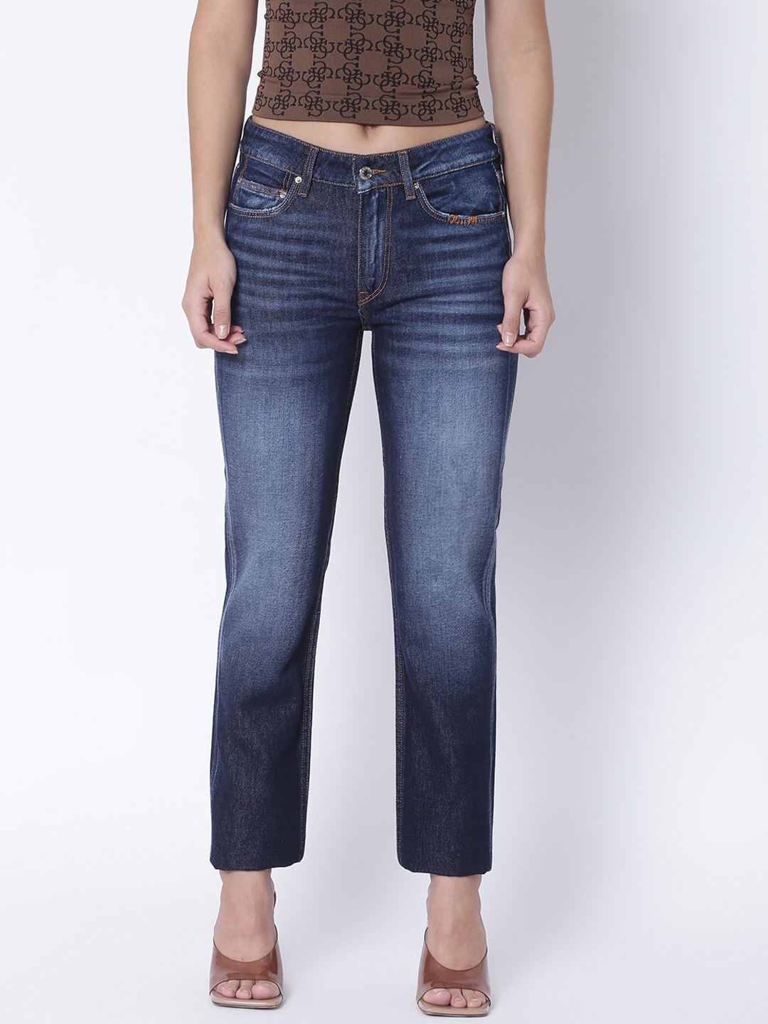

GUESS Women Multicoloured Low Distress Light Fade Jeans, Multi
