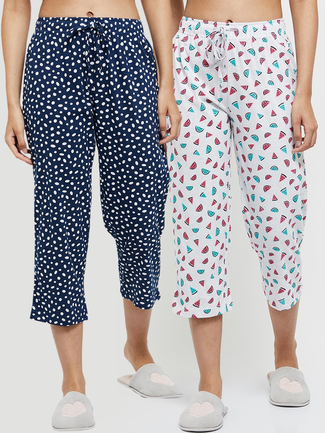 

max Women Grey Melange & Blue Printed Lounge Capris