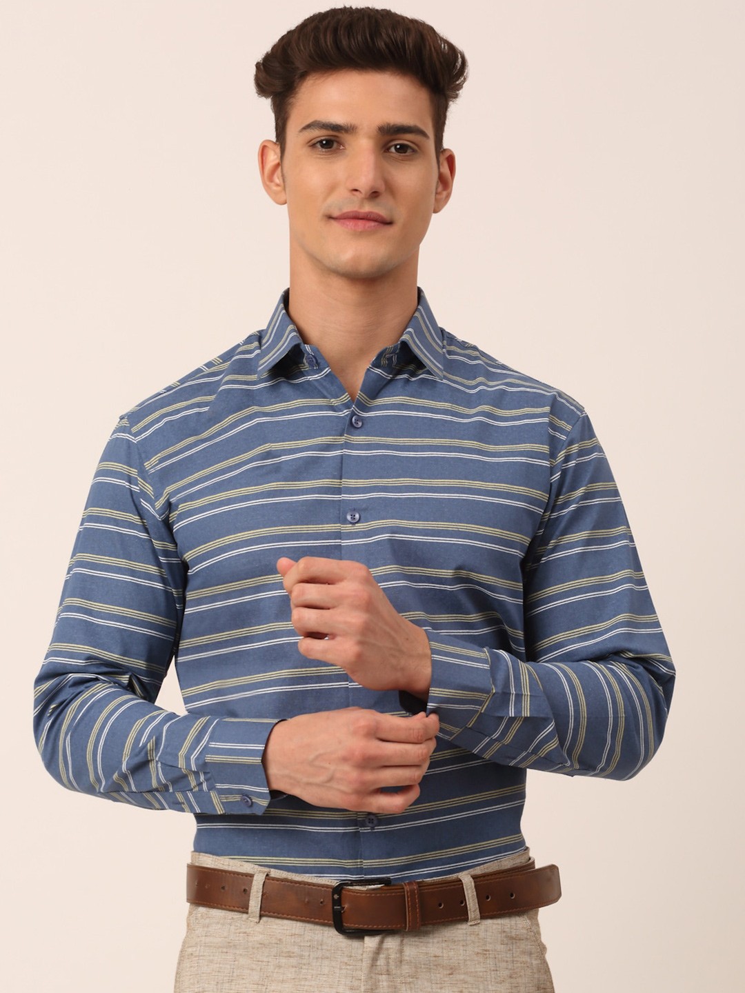

JAINISH Men Blue Standard Horizontal Stripes Striped Formal Shirt