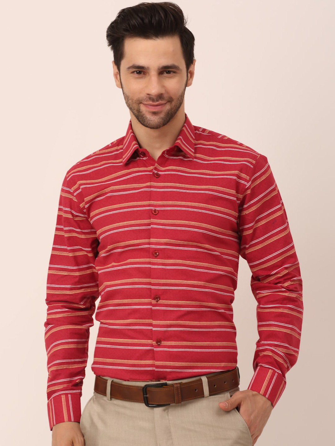 

JAINISH Men Maroon Standard Horizontal Stripes Striped Formal Shirt