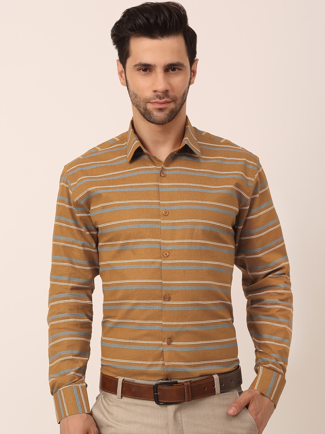 

JAINISH Men Mustard Standard Horizontal Stripes Striped Formal Shirt