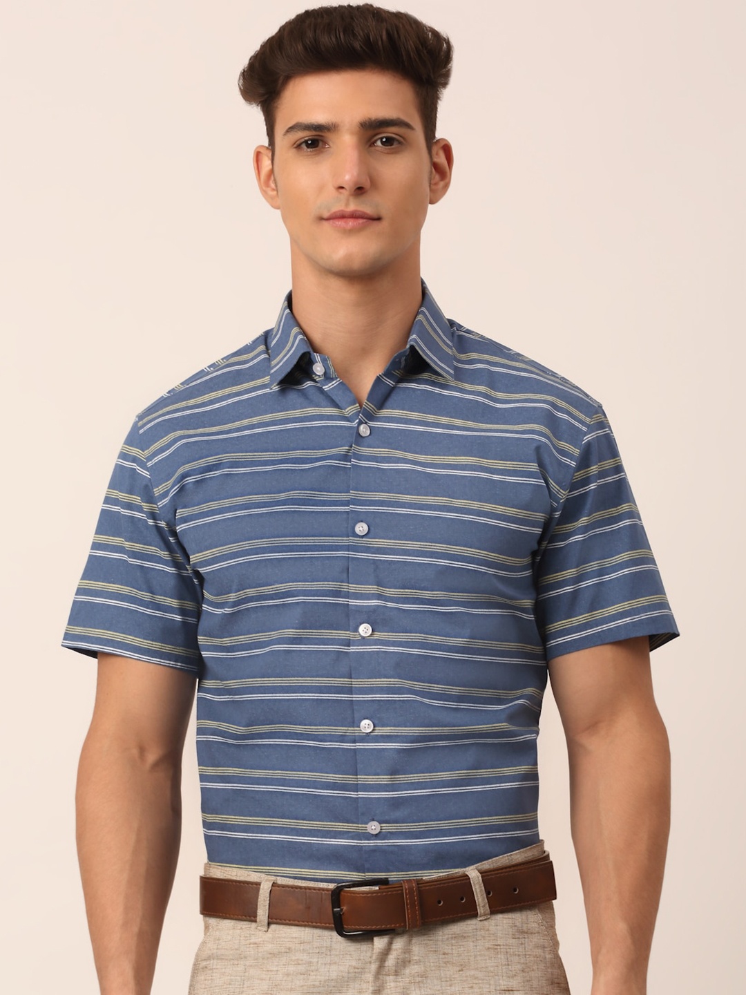 

JAINISH Men Blue Standard Horizontal Stripes Striped Formal Shirt