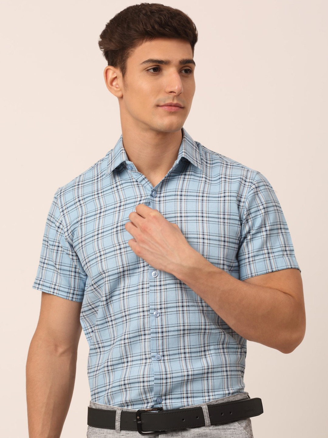 

JAINISH Men Turquoise Blue Standard Tartan Checks Checked Formal Shirt