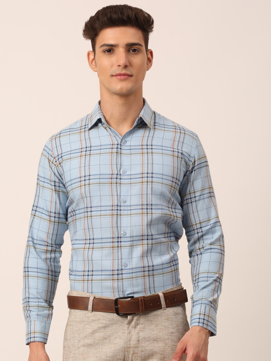 

JAINISH Men Turquoise Blue Standard Tartan Checks Checked Formal Shirt