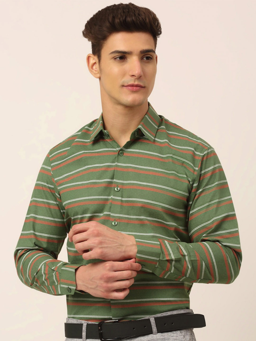 

JAINISH Men Olive Green Standard Multi Stripes Striped Formal Shirt