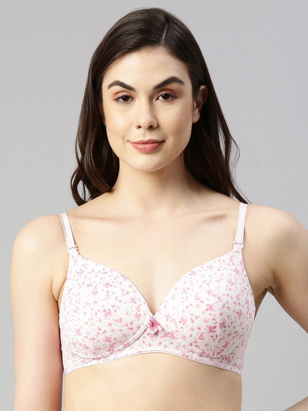 

Enamor Women Pink White Padded Non-Wired High Coverage T-Shirt Bra With Detachable Straps