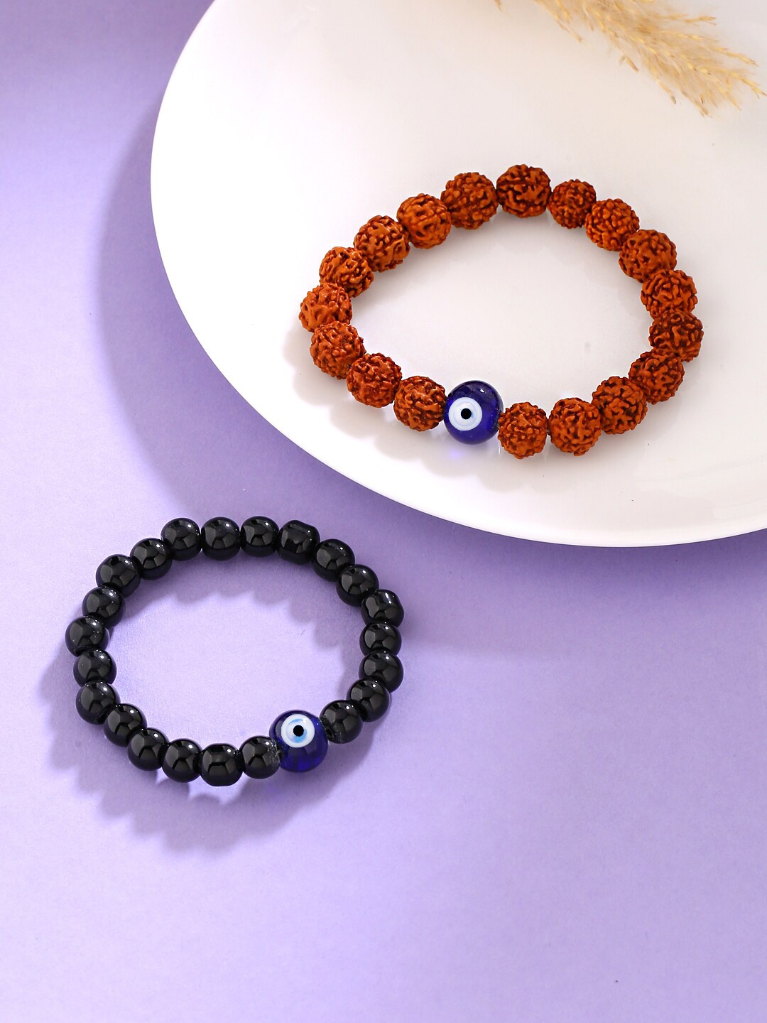 

Yellow Chimes Women Set of 2 Evil Eye Black Beads Rudraksha Stretchable Bracelets