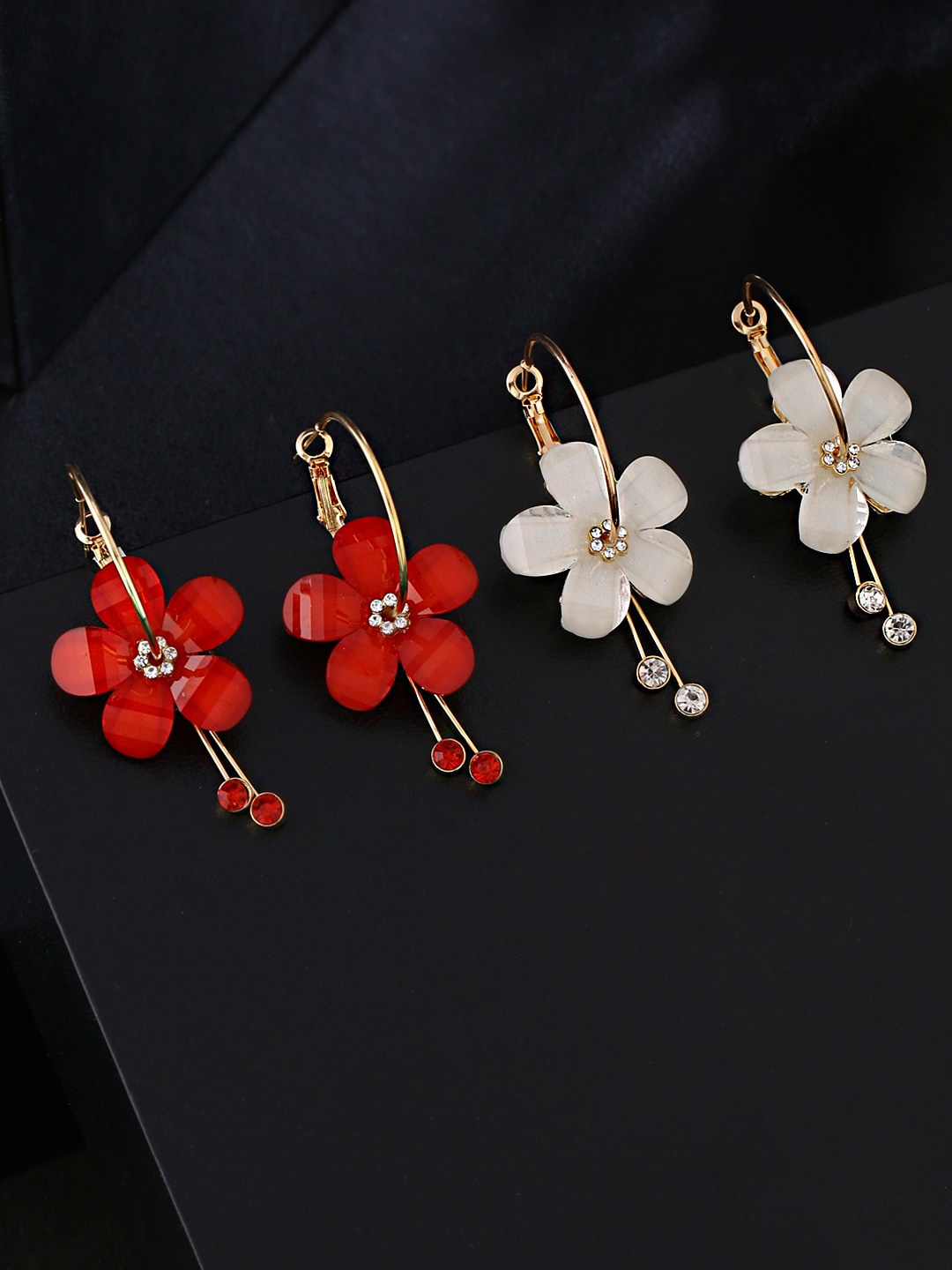 

Yellow Chimes Red & White Floral Hoop Earrings