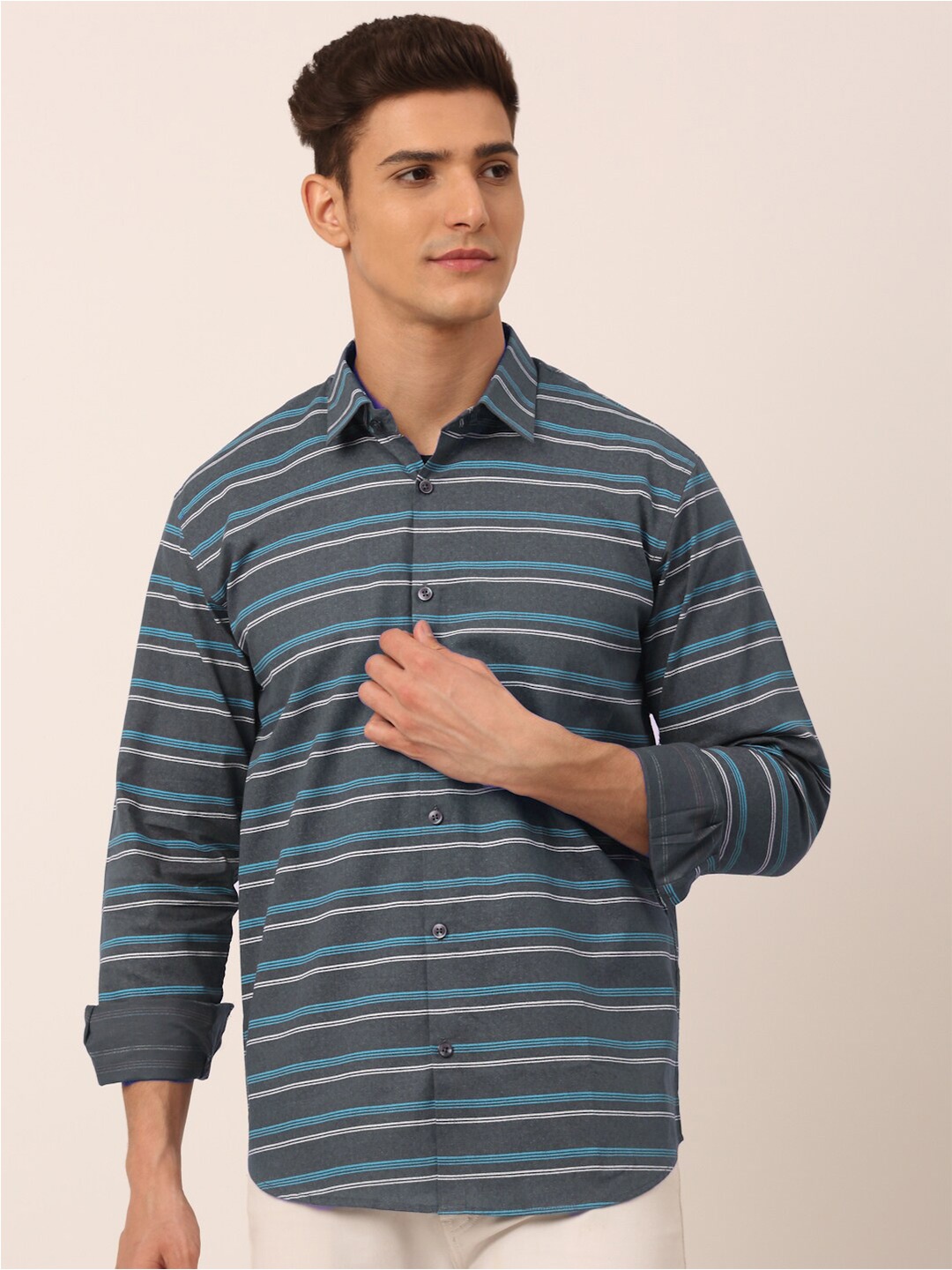 

JAINISH Men Grey Standard Horizontal Stripes Striped Casual Shirt