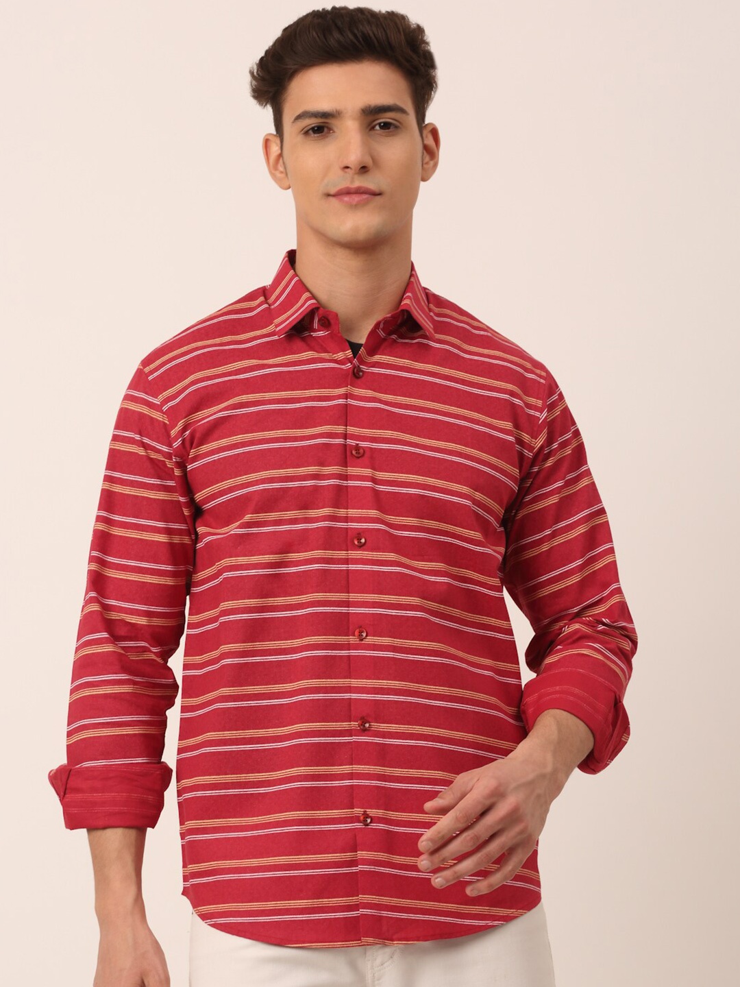 

JAINISH Men Maroon Standard Horizontal Stripes Striped Casual Shirt