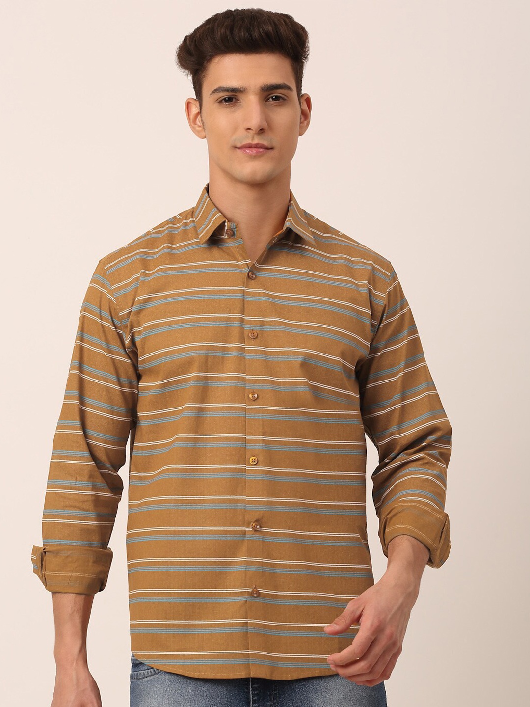 

JAINISH Men Mustard Standard Horizontal Stripes Striped Casual Shirt