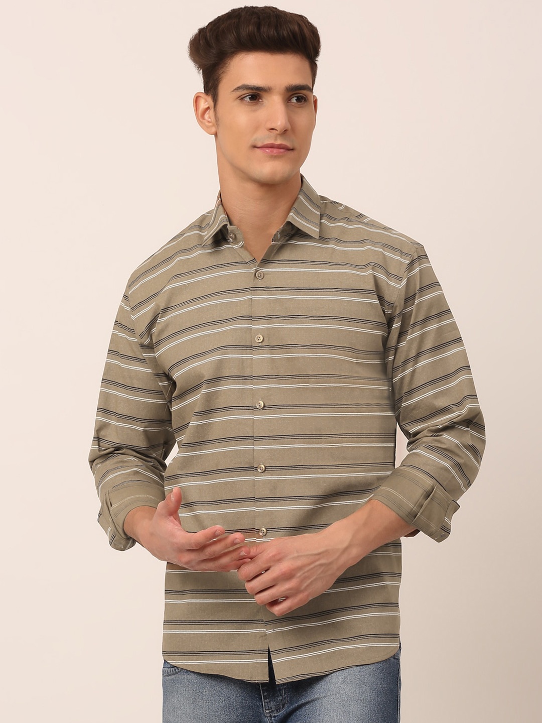 

JAINISH Men Brown Standard Horizontal Stripes Striped Casual Shirt