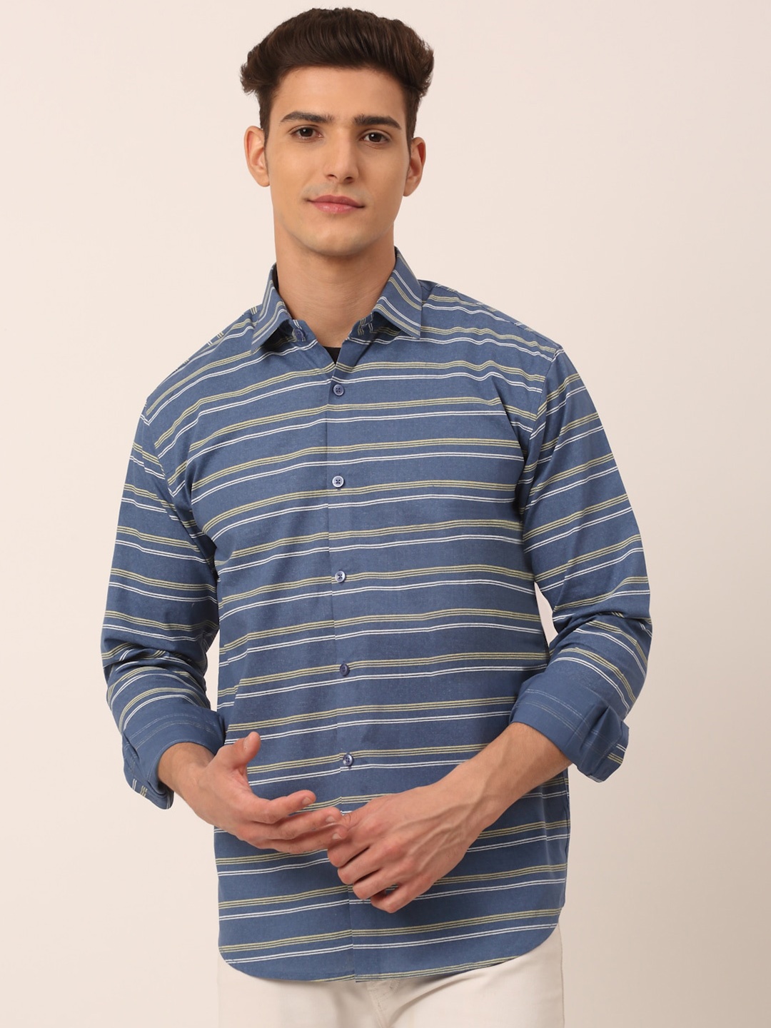 

JAINISH Men Blue Standard Horizontal Stripes Striped Casual Shirt