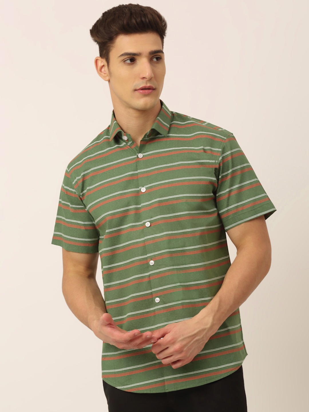 

JAINISH Men Olive Green Standard Horizontal Stripes Striped Casual Shirt