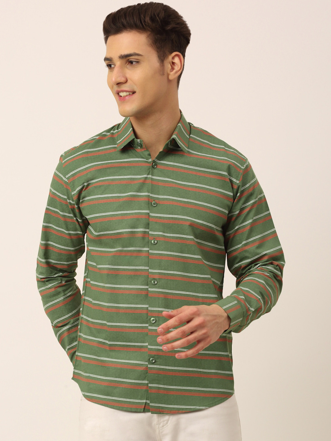 

JAINISH Men Olive Green Standard Horizontal Stripes Striped Casual Shirt