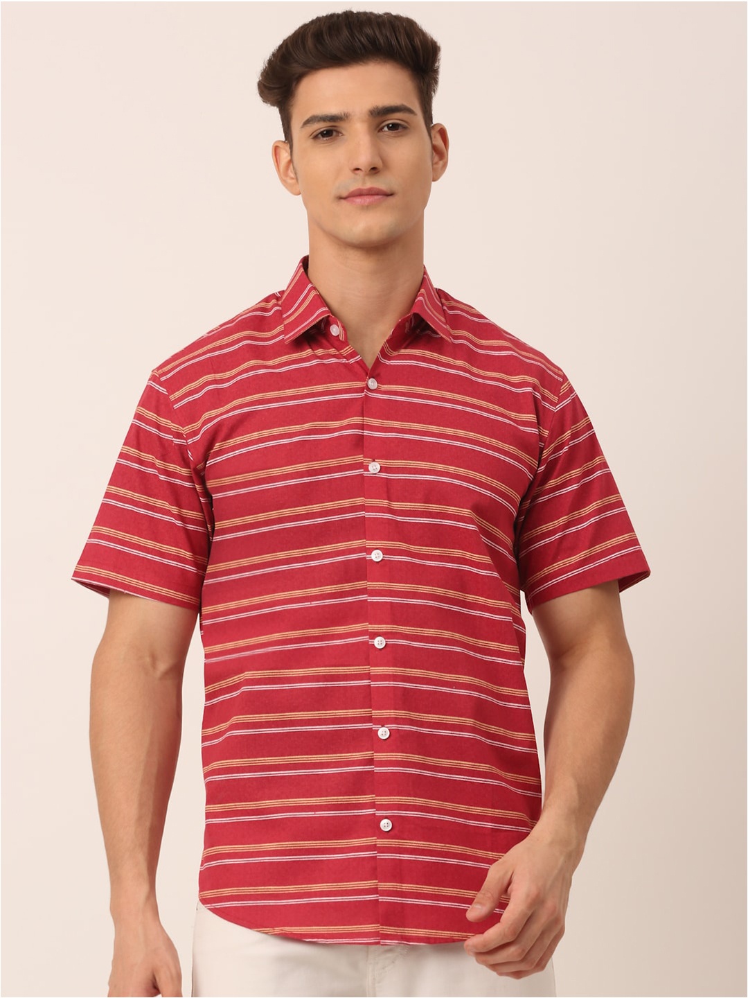 

JAINISH Men Maroon Standard Horizontal Stripes Striped Casual Shirt