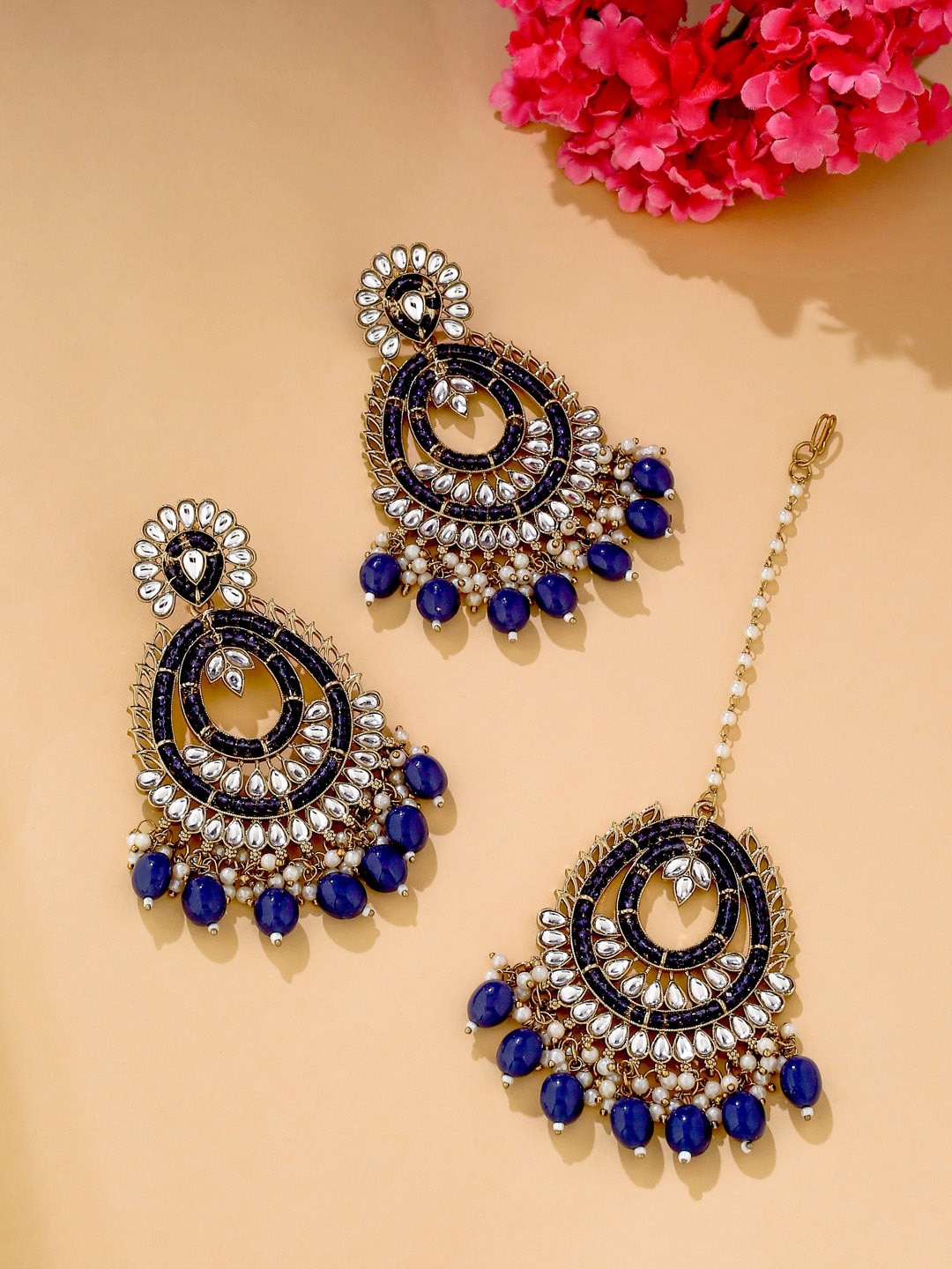 

VIRAASI Navy Blue Gold-Plated Kundan-Studded Maang Tikka & Earrings Set