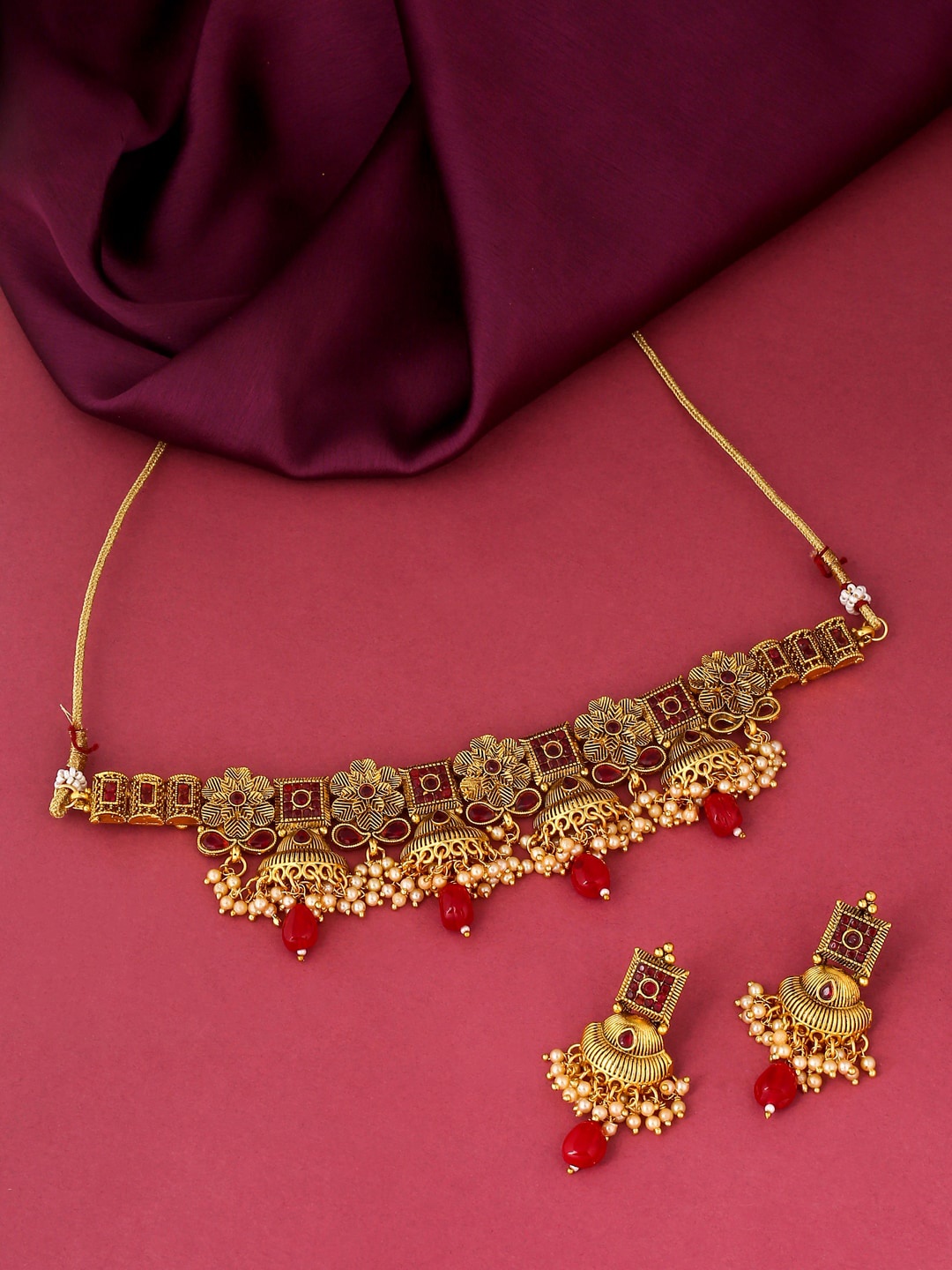 

VIRAASI Gold-Plated Red Stone & Pearl Beaded Jewellery Set
