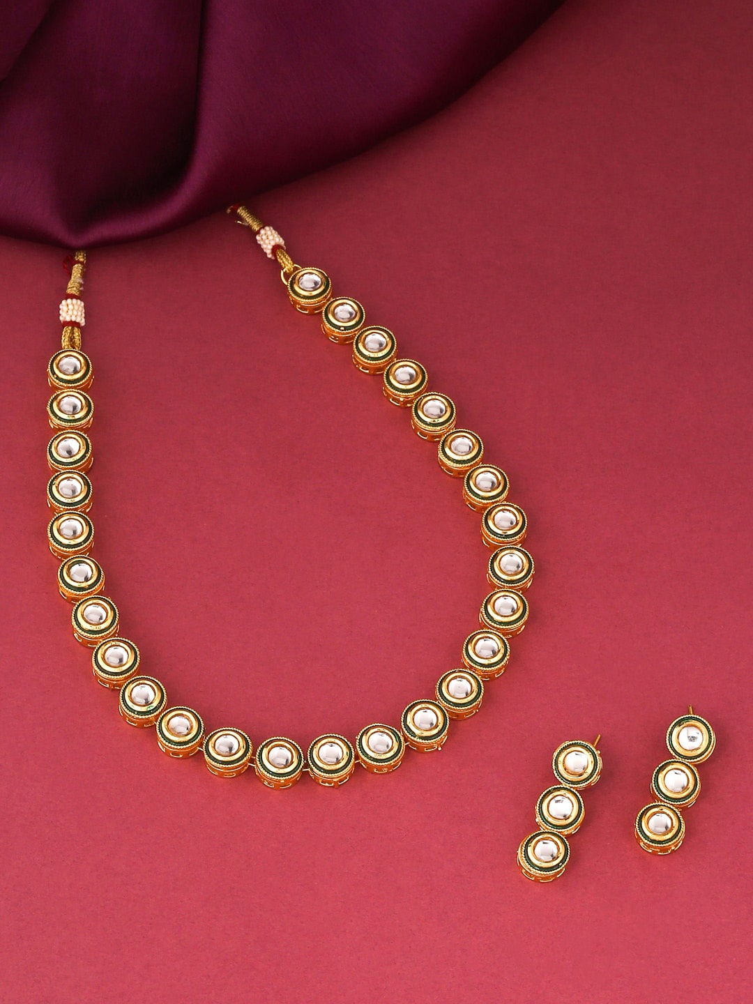 

VIRAASI Gold-Plated White & Green Kundan-Studded Jewellery Set