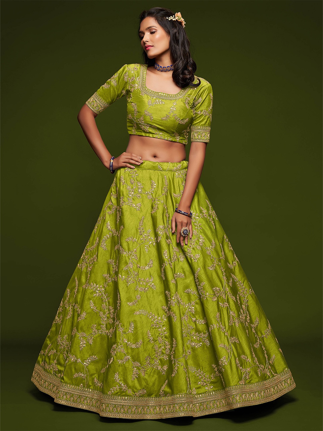 

FABPIXEL Green Embroidered Semi-Stitched Lehenga & Unstitched Blouse With Dupatta