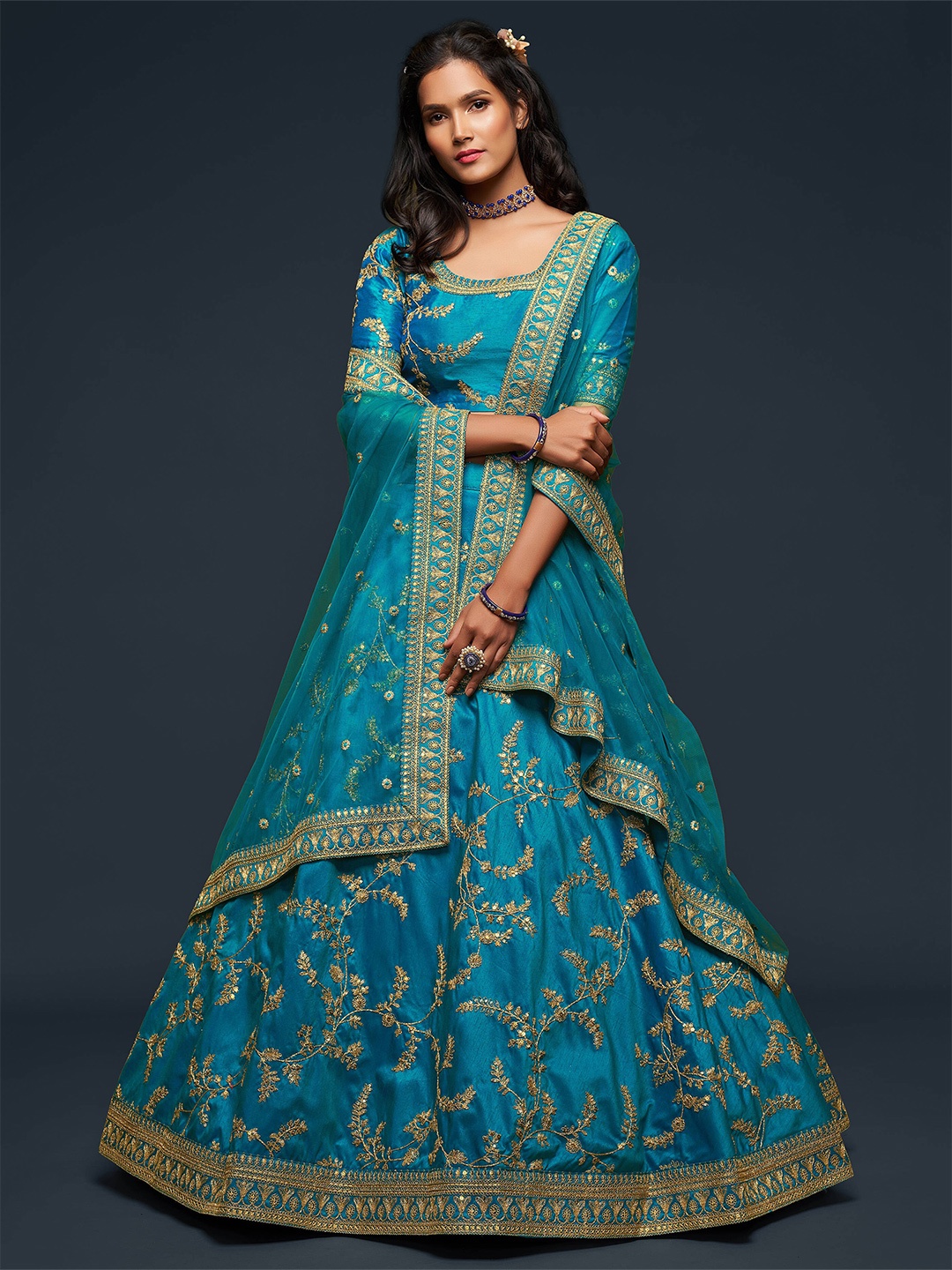 

FABPIXEL Blue & Golden Embroidered Semi-Stitched Lehenga & Unstitched Blouse With Dupatta