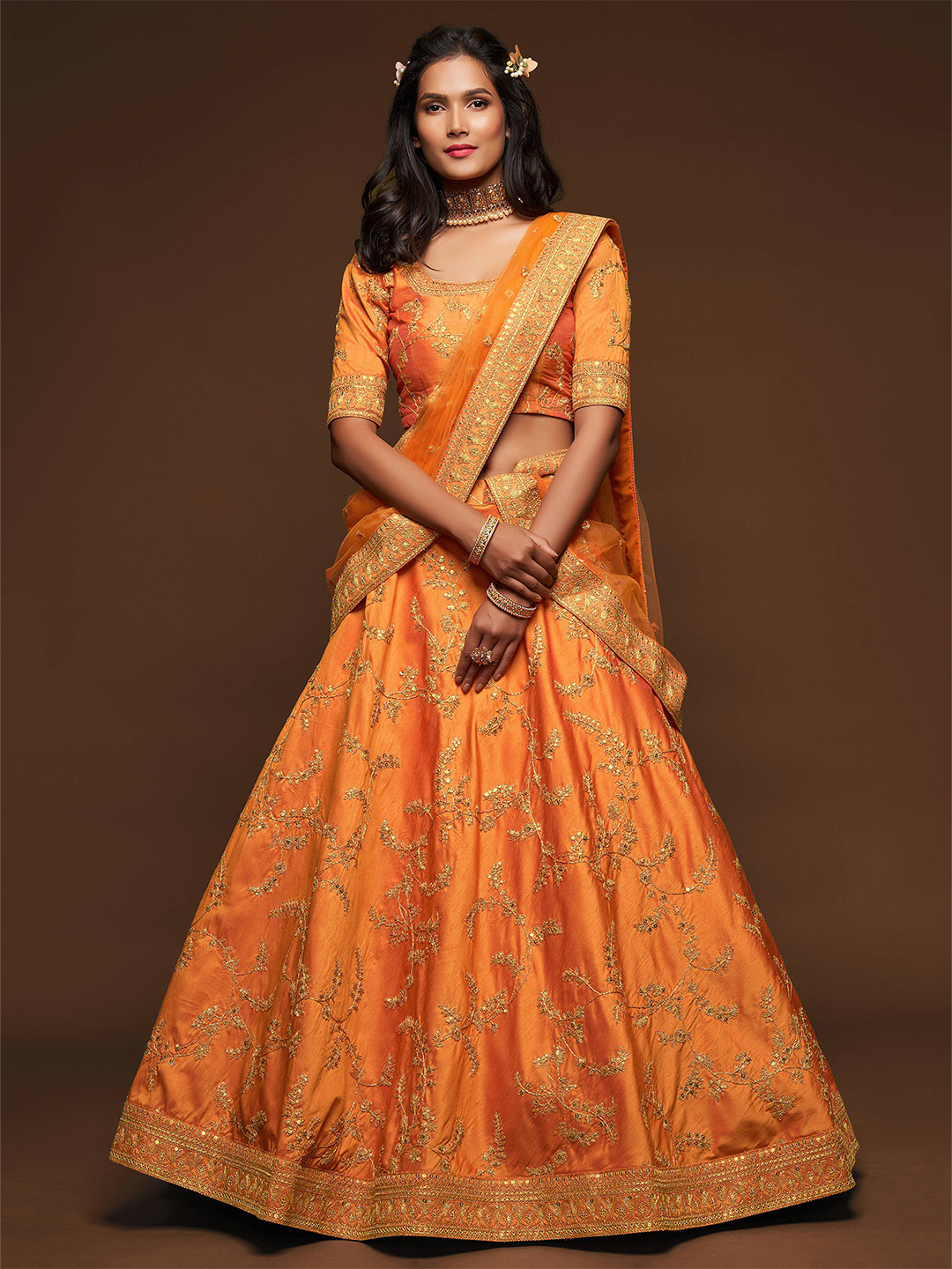 

FABPIXEL Orange Embroidered Sequinned Semi-Stitched Lehenga & Unstitched Blouse With Dupatta