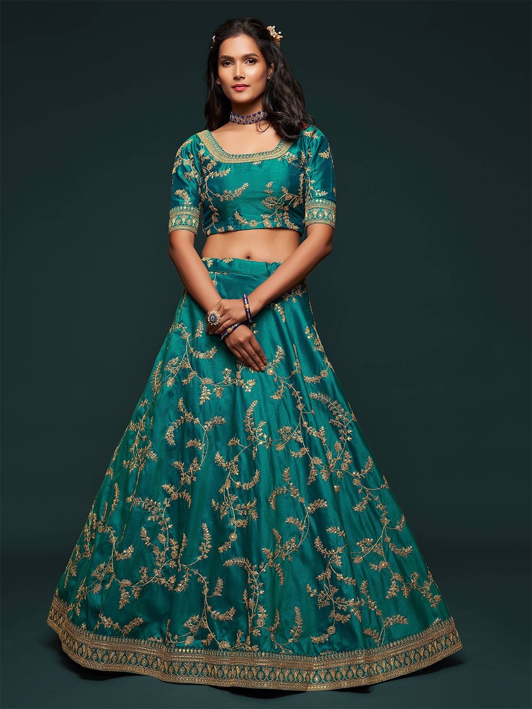 

FABPIXEL Green & Yellow Embroidered Sequinned Semi-Stitched Lehenga & Unstitched Blouse With Dupatta