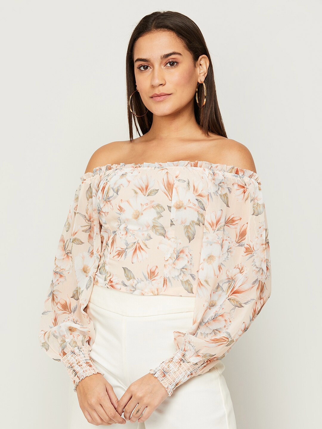 

CODE by Lifestyle Peach-Coloured Floral Print Off-Shoulder Bardot Top