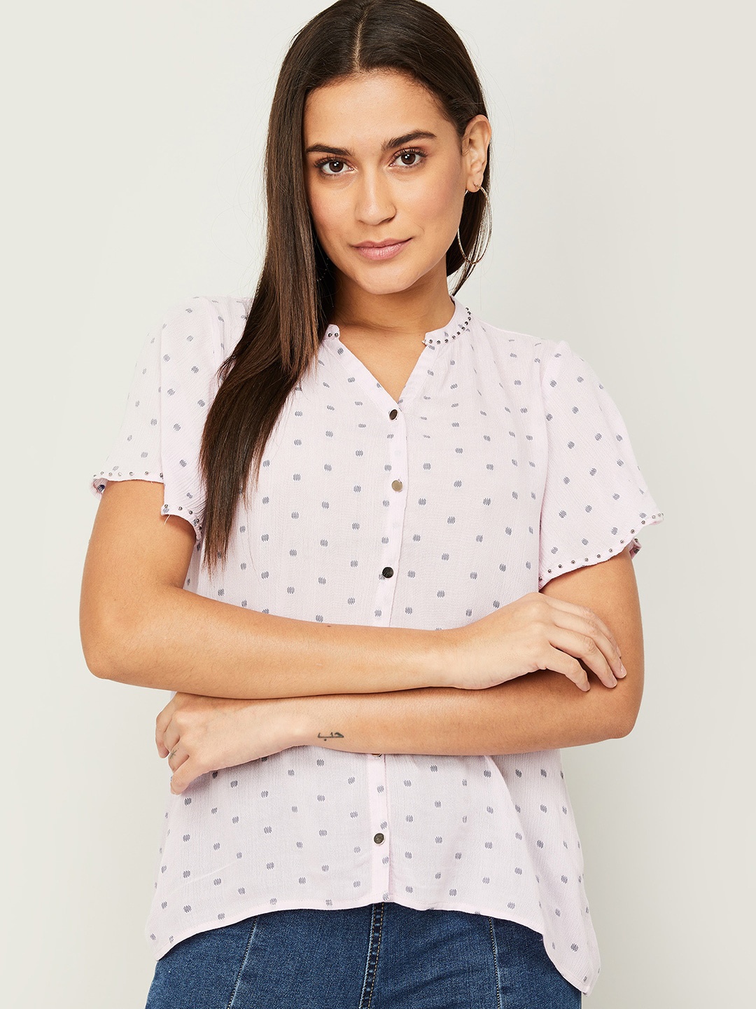 

Fame Forever by Lifestyle Purple Geometric Print Mandarin Collar Shirt Style Top