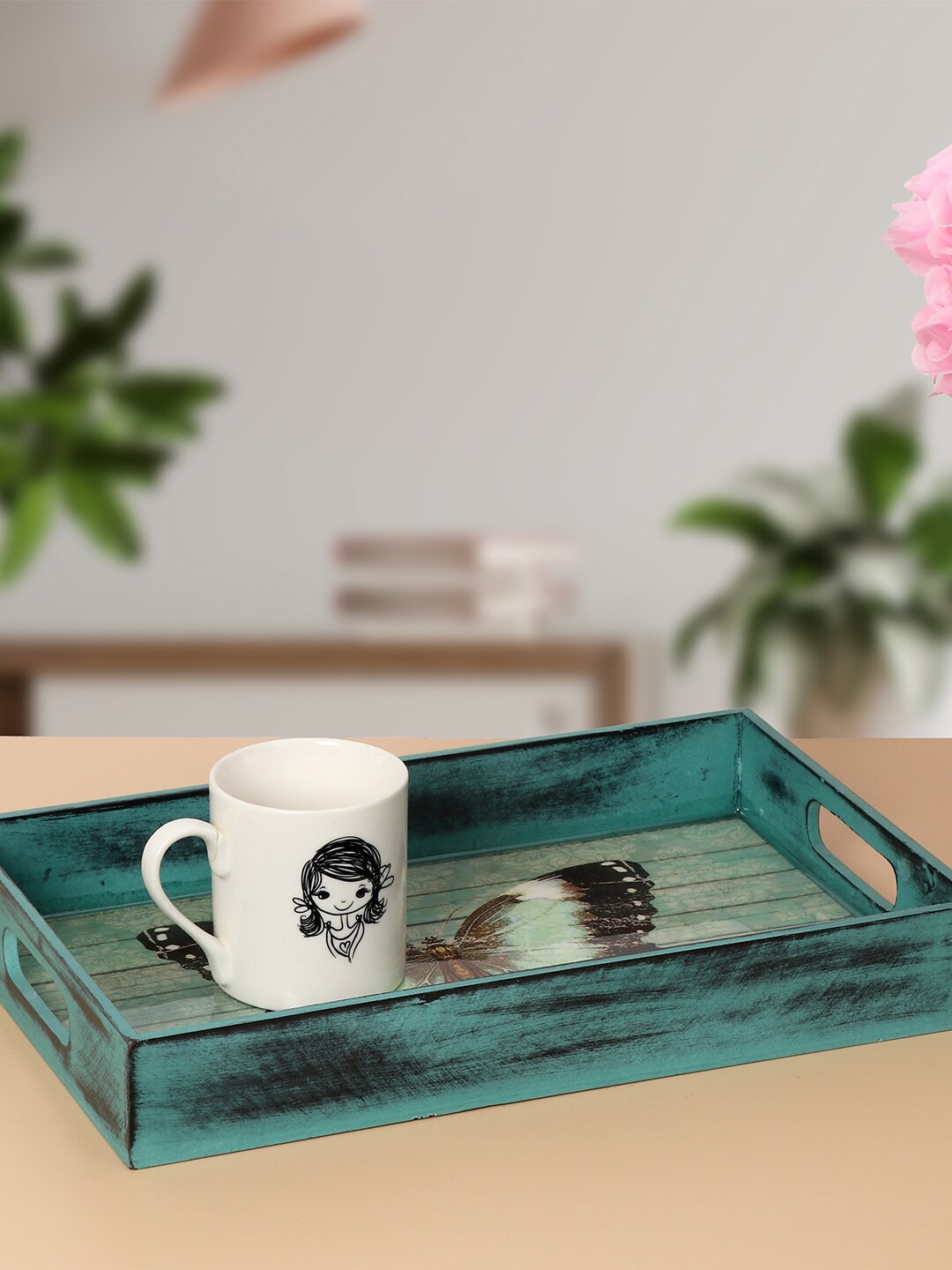 

DULI Green & Black Deco Painted Rustic Butterfly Enamel Coated Multipurpose Tray