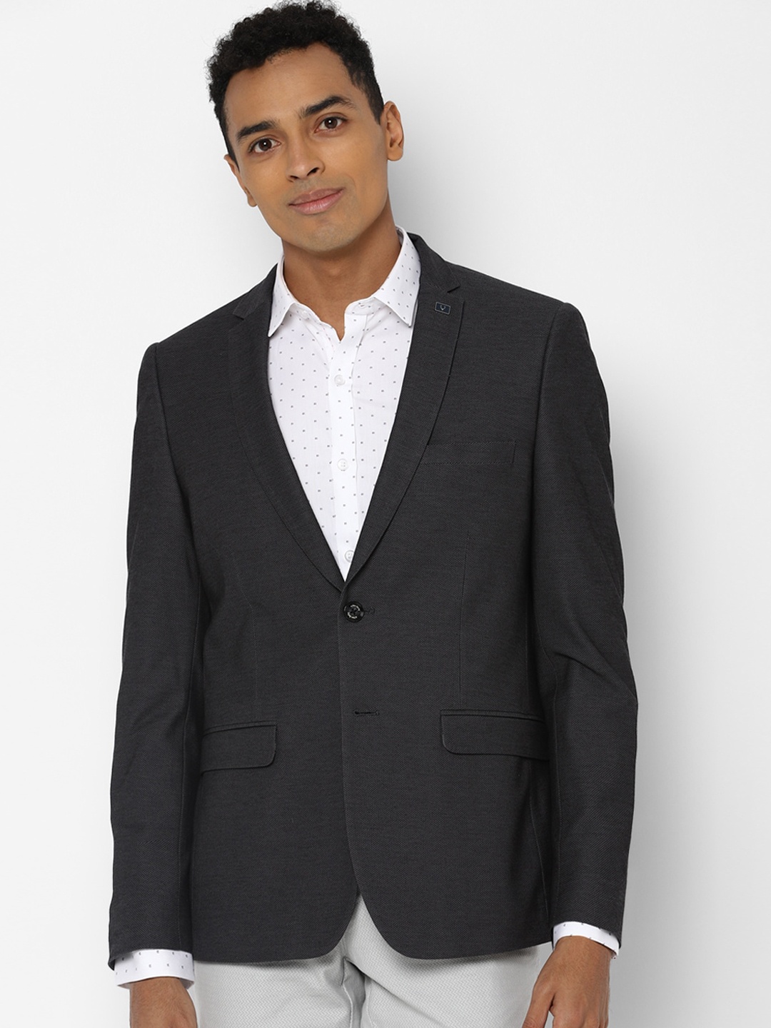 

Allen Solly Men Grey Pure Cotton Single Breated Slim-Fit Blazer