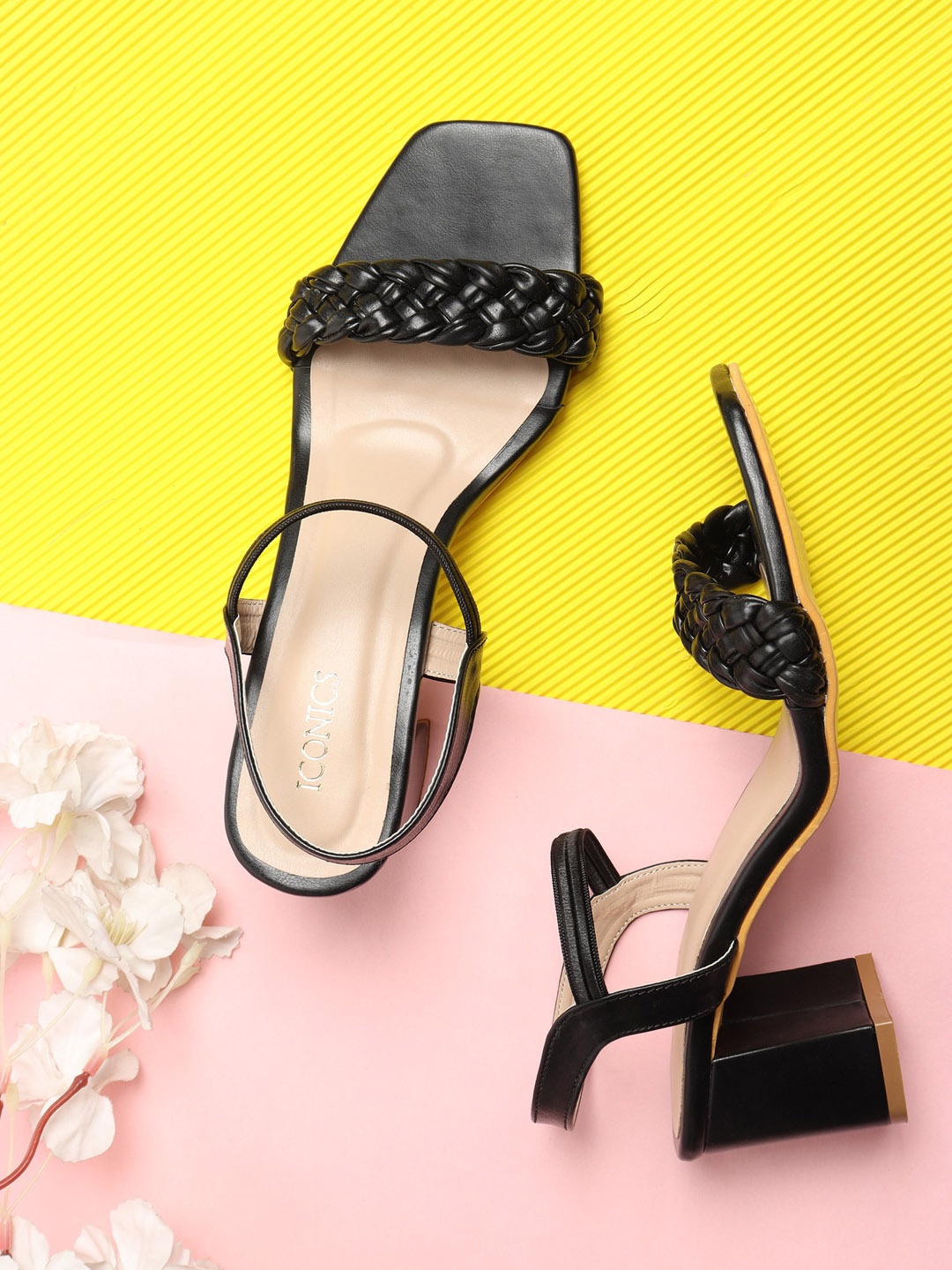 

ICONICS Women Black Embellished Block Open Toe Heels