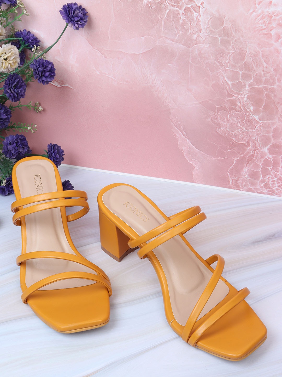 

ICONICS Women Mustard Solid Open Back Block Pumps 2 Inch Heels Sandals