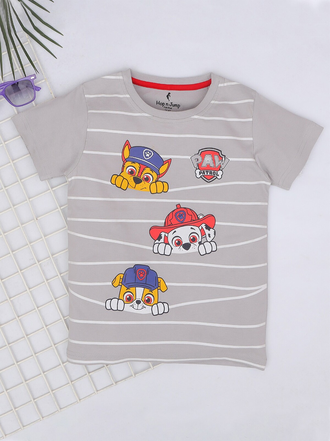 

Hop n Jump Boys Grey Striped Applique T-shirt