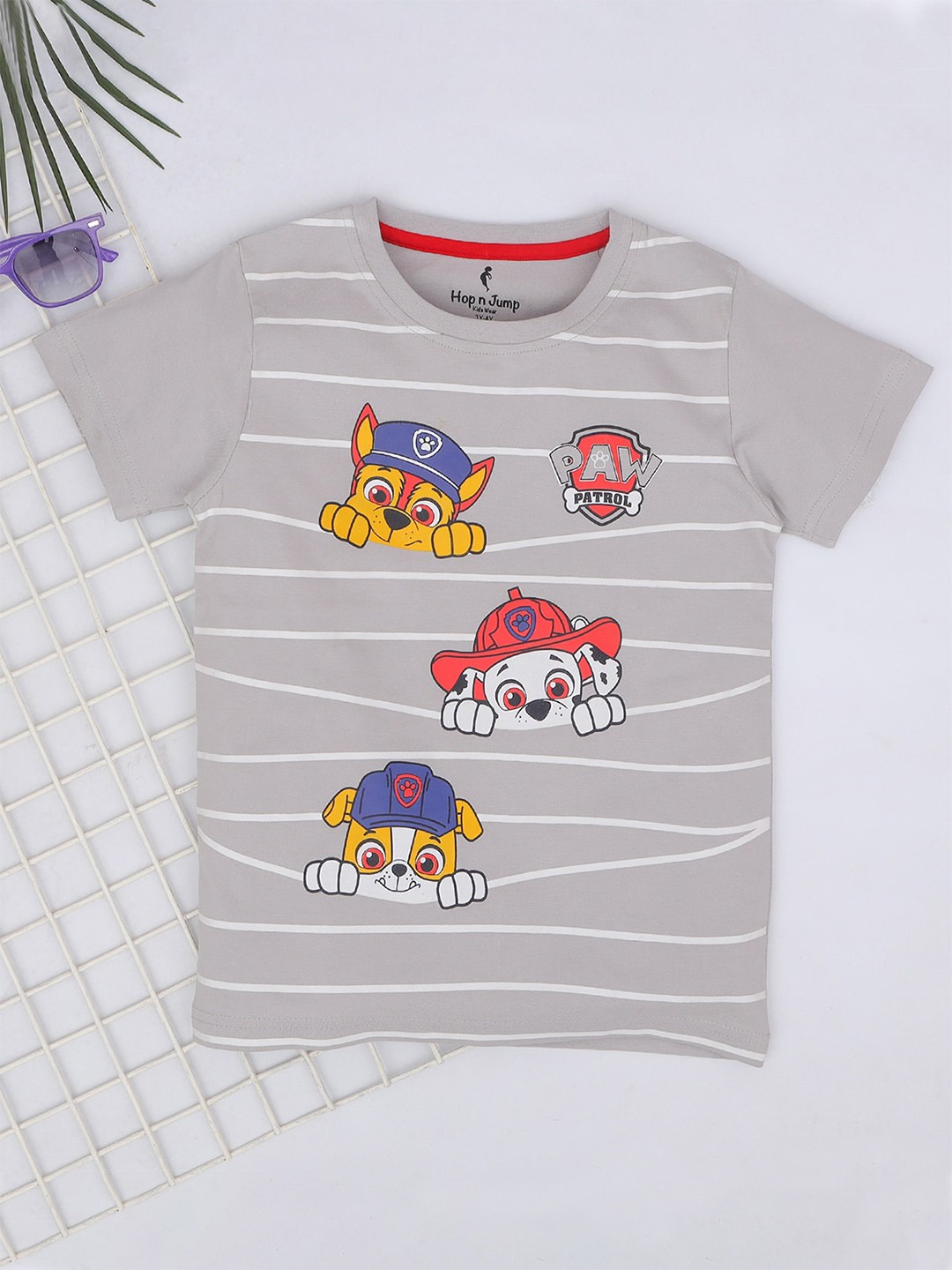 

Hop n Jump Boys Grey Striped Applique T-shirt